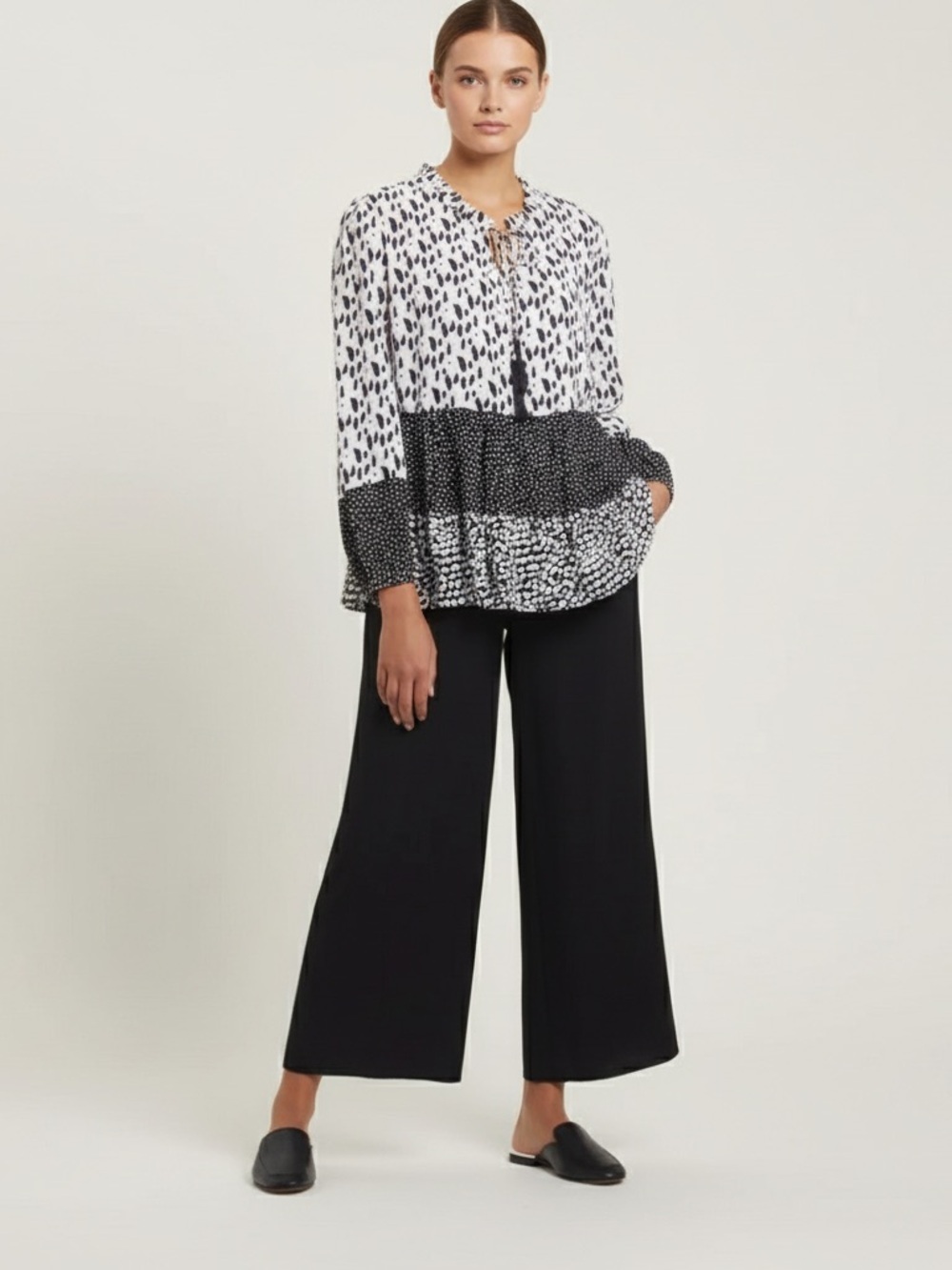Tribal Tiered Animal Print Tie-Neck Long Sleeve Blouse Top M